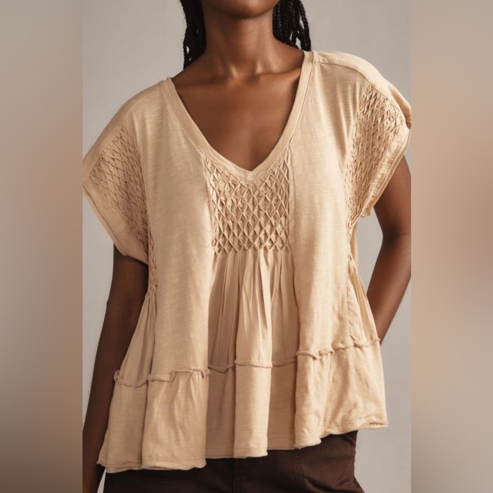 Anthropologie Smocked Swing Tee Granola Chic  Ruffled Tiered Flowy V-Neck Top XS